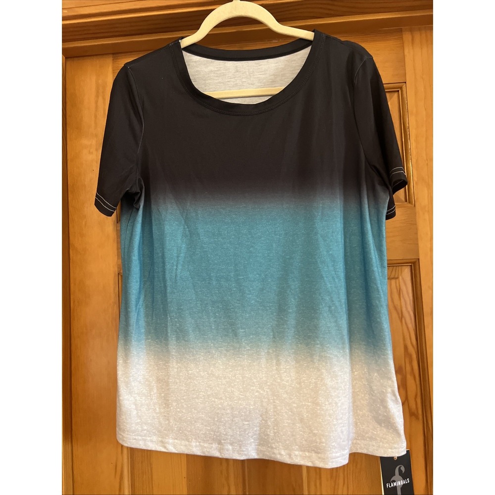 Flamingals Women's Colorblock Short sleeves T-Shirt Black Blue Gray Sz Large